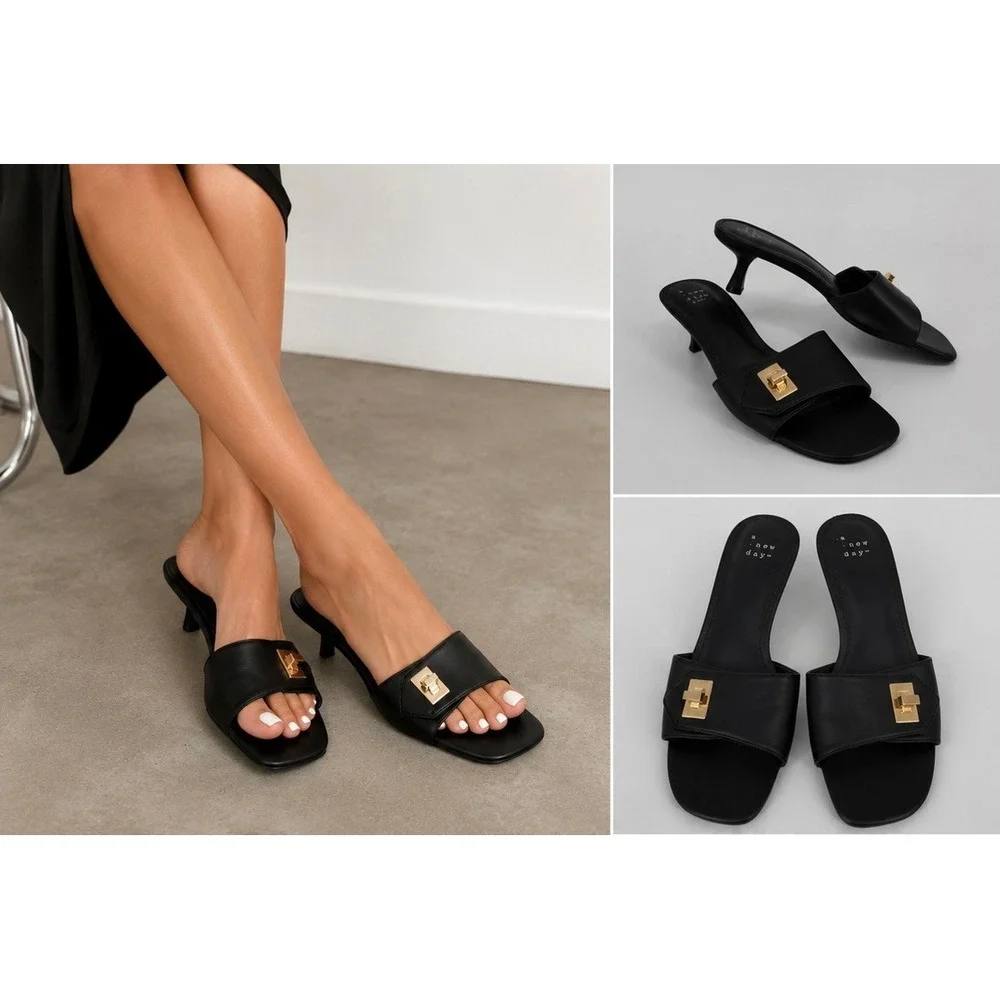 A New Day Womens Black Square Toe Turn Lock Kitten Heel Slide Sandals Size 9.5
